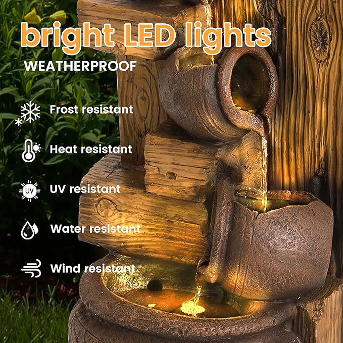 5-Tiered Garden Waterfall Fountain Outdoor - 40''H Water Fountains and Waterfalls, Large Outdoor/Indoor Floor Standing Resin Water Fountain with LED Light for Patio, Garden and Home (Brown) - Bloomnest