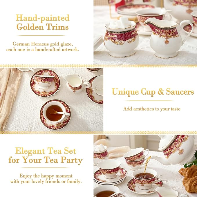 DUJUST 22 pcs Royal Vintage Porcelain Tea Set for 6, Luxury British Tea Sets for Adults with Red Patterns & Golden Trim, Beautiful Floral Tea/Coffee Cup Set, Gift Package - Royal Treat for You - Bloomnest