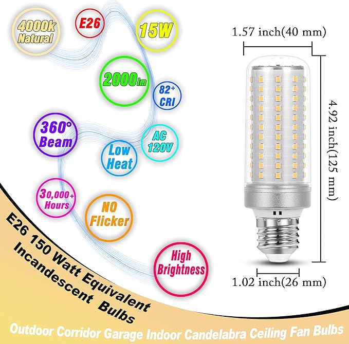 1.57 x 4.92 inch Big E26 15W LED Corn Bulbs 2000 Lumen 150 Watt Equivalent Incandescent Bulbs 4000K Natural White Candelabra Ceiling Fan LED Bulbs for Indoor Outdoor Home Garage Warehouse, 2 Pack - Bloomnest