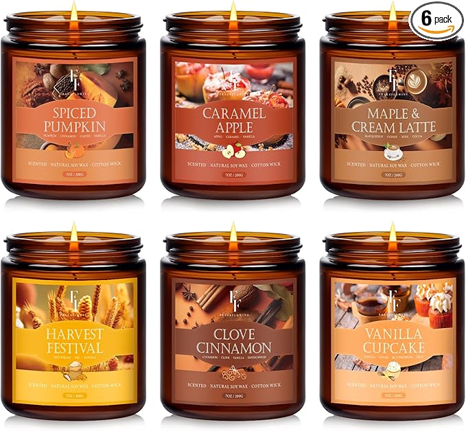 Fall Candles Set, 6 Pack Candles for Home Scented Natural Soy Wax, Autumn Gifts Set for Women Men, Fall Fragrance of Pumpkin/Cinnamon/Vanilla Cupcake/Apple/Harvest/Latte - Bloomnest