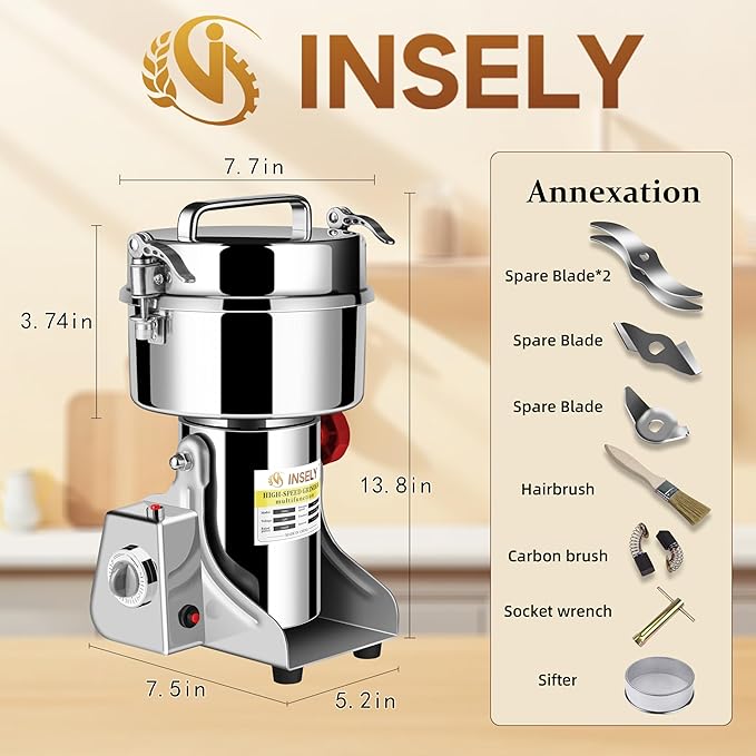 1000g Grain Mill Grinder High Speed Food Grain Mill Stainless Steel Seeds Flour Wheat Nut Spices Corn Pill Herbs & Seasonings Dry Grinder Electric Machine Grinder for Kitchen - Bloomnest