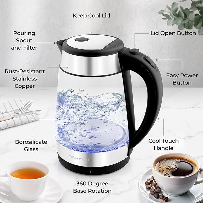 Zulay Kitchen Fast-Boiling Electric Kettle - 1.7L Hot Water Kettle 1500W With Auto Shut-Off - Water Boiler For Coffee & Tea - Boil-Dry Protection, Cool-Touch Handle, 360° Base - Black - Bloomnest