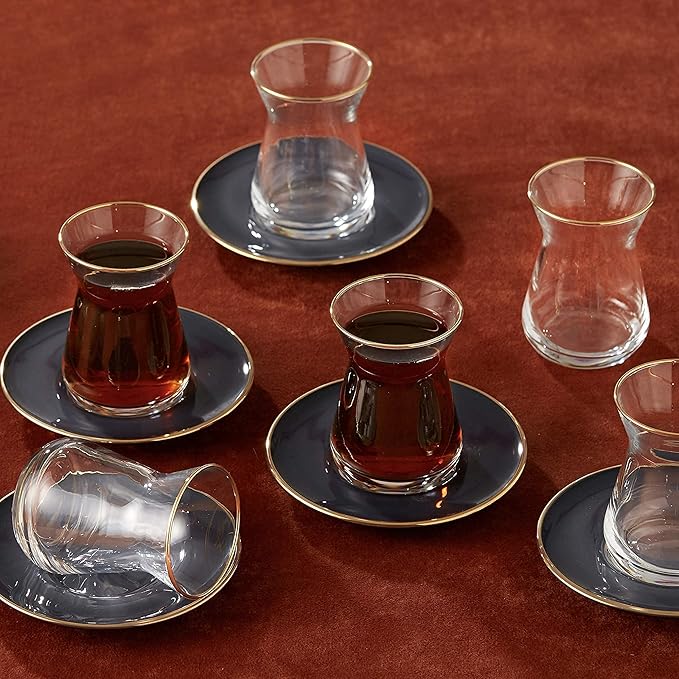 KARACA Retro Anthracite Tea Set for 6, 6 Turkish Tea Glasses, 12 Pcs, Gold Decal Details - Bloomnest