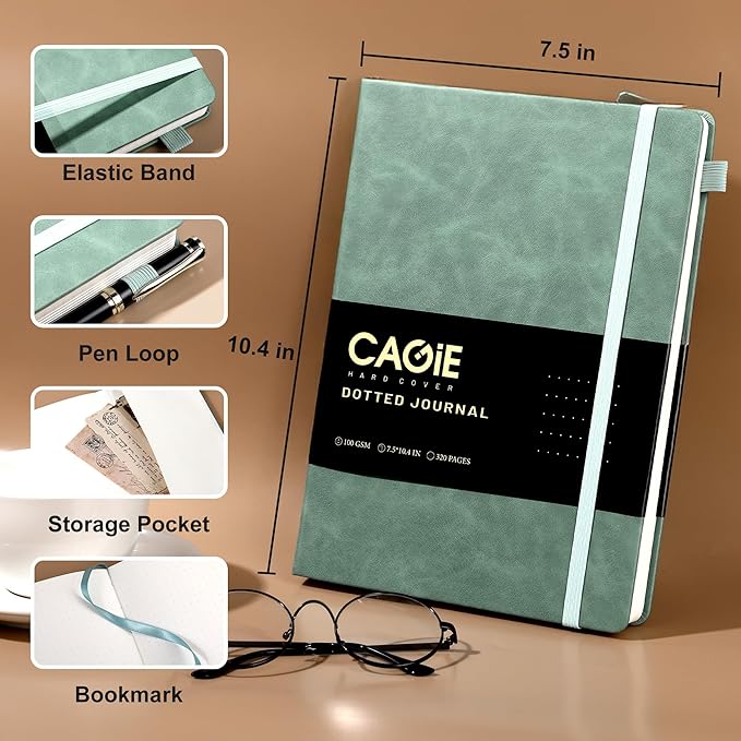CAGIE Bullet Dotted Journal Notebook 320 Pages 100 GSM Paper Hardcover B5 Dot Grid Notebook Leather Journals for Writing Women Men Work Journaling, Green - Bloomnest