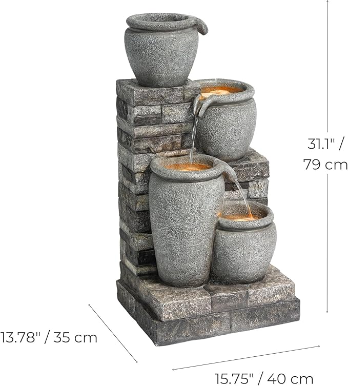 Teamson Home 30.7" 4-Tier Cascading Bowl Solar Powered Water Fountain for Outdoor Living Spaces, Gray - Bloomnest