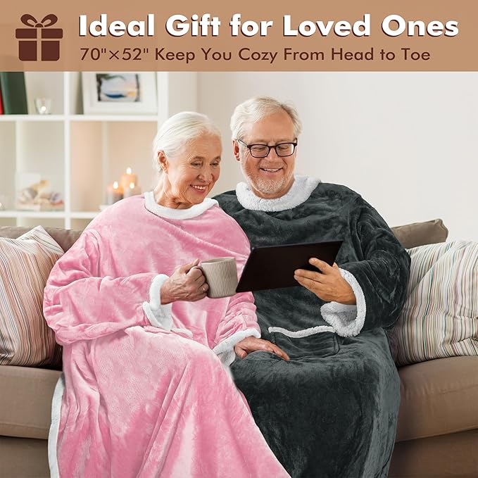 Tirrinia Sherpa Wearable Blanket With Sleeves, Full Body Throw Reading Wrap TV Blankets - Bloomnest