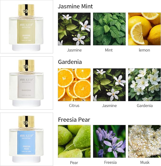 Airkeep Reed Diffuser Set of 3, Jasmine Mint Gardenia Freesia Pear Oil Reed Diffusers for Bedroom Living Room Office Aromatherapy Oil Reed Diffuser for Gift 50ml x 3 - Bloomnest