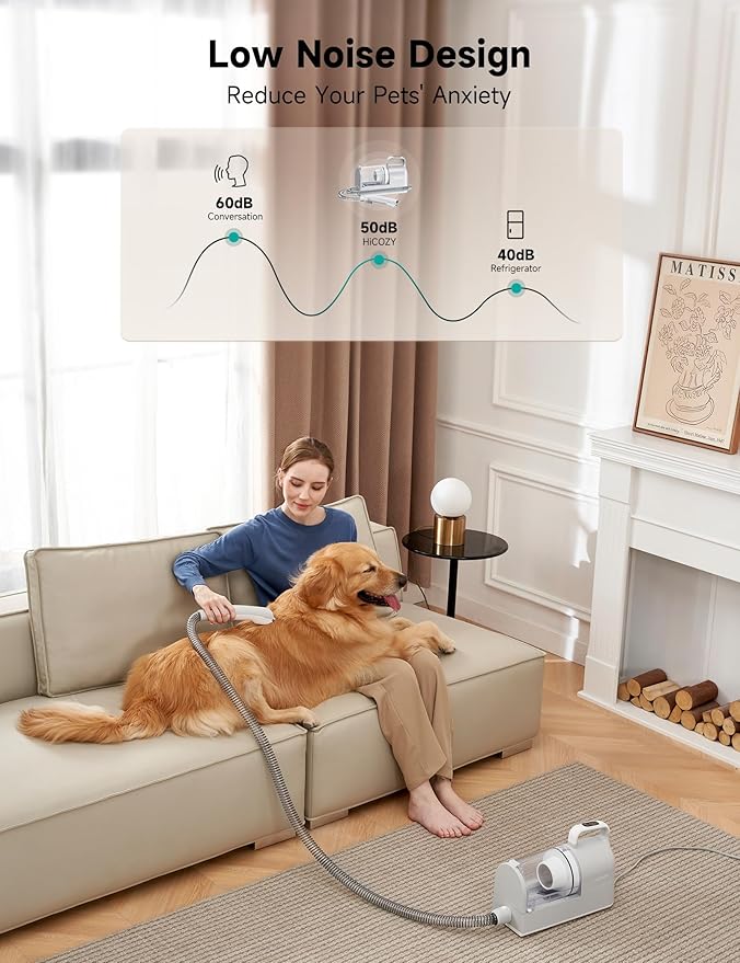 Hicozy S1+ Dog Grooming Vacuum, 12000Pa Minimum 50dB Quiet Dog Vacuum for Shedding Grooming with 2L Dust Cup, 6 Professional Pet Accessories with Clippers, Gray - Bloomnest