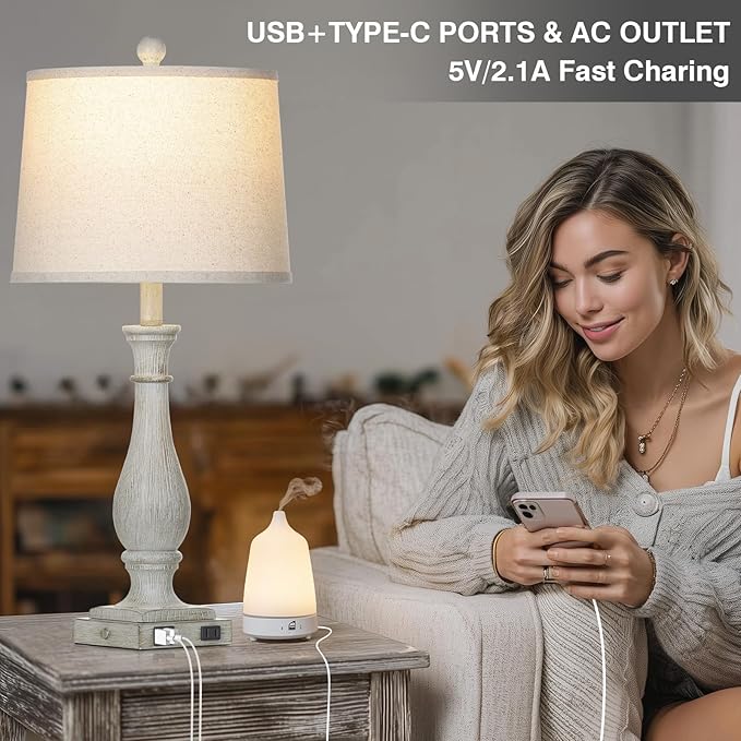 27.5" Grey Farmhouse Lamps Set of 2, Vintage Living Room Table Lamps with USB C+A Ports & AC Outlet, 3-Way Touch Control Bedside Lamp, Rustic Resin Bedroom Lamp for Nightstand Side Table Desk - Bloomnest