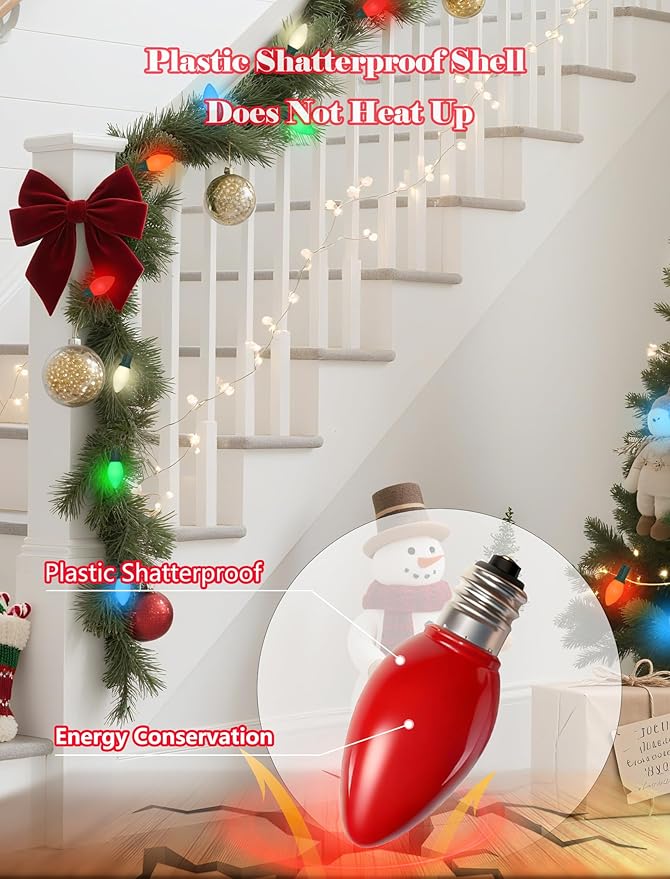 25 Pack C7 LED Multicolor Replacement Bulbs, Christmas Multicolor Ceramic LED Light Bulbs Vintage Light Bulbs for Christmas Indoor Outdoor String Lights, E12/C7 Candelabra Base, 0.6 Watt - Bloomnest