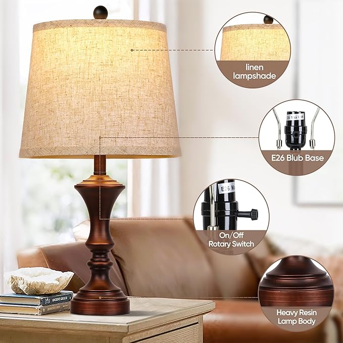 Retro Table Lamps Set of 2 Nightstand Lamp for Bedroom Vintage Rustic Table Lamps for Living Room Traditional Nightstand Bedside Lamps Bulb NOT Included - Bloomnest