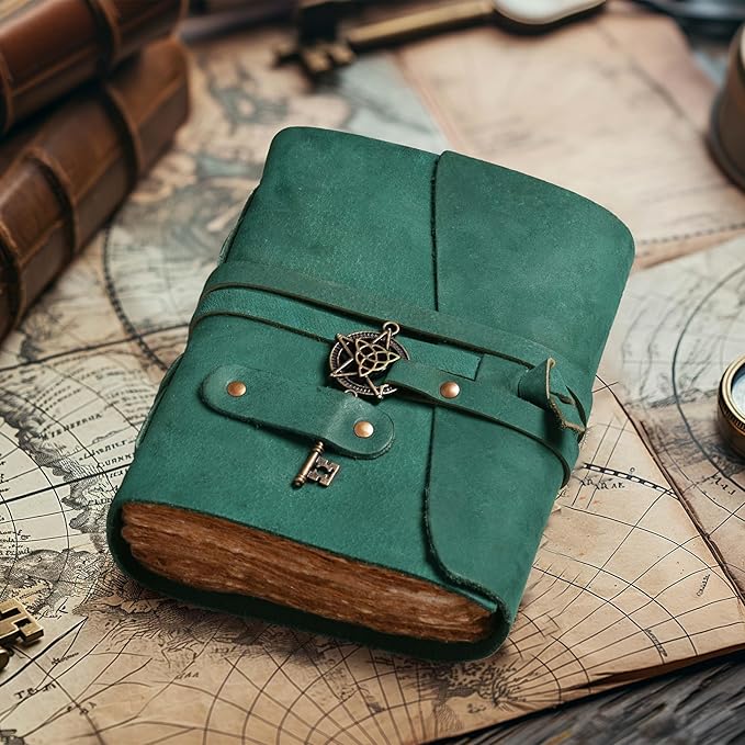 LEATHER VILLAGE Leather Bound Vintage Journal for Women & Men - 7"X5"(A7), Turquoise, 200 Pages of Handmade Deckle Edges Watercolor Paper - Antique Lock Closure - Book of Shadow - Bloomnest