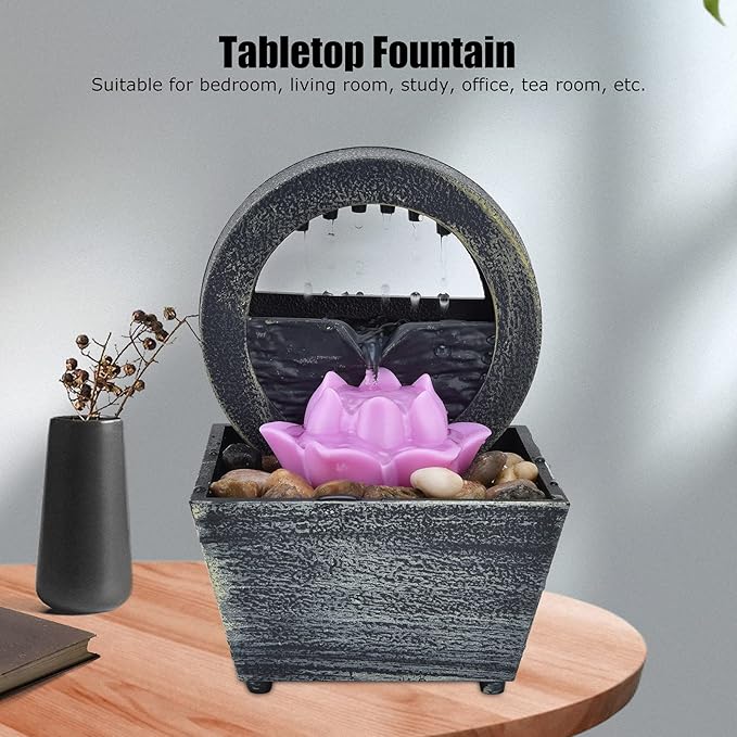 Tabletop Fountain, 3V 16.5x11.5x11.5cm Plastic Flower Tabletop Water Fountain, Home Decor with Stones LED Lights for Home Office Indoor Spaces Decor