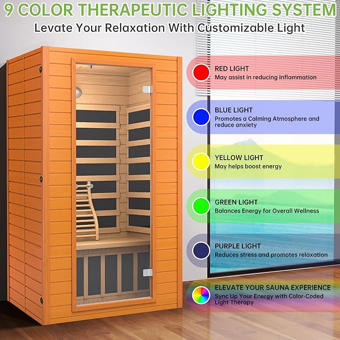 Real Relax Infrared Sauna for Home, Home Infrared Saunas up to 1-2 Persons, Canadian Hemlock Wooden Indoor Dry Sauna Room with Low Emf Red Light Therapy, 9-Color Chromotherapy Lights RealRelax