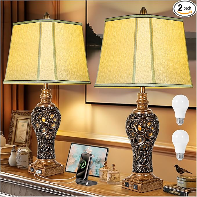 32'' Tall Rustic Vintage Table Lamps Set of 2 with Night Lights - Bedside Lamp with Faux Silk Shades for Bedroom and Living Room with 2 USB Charging Ports,Rustic Lamps for Living Room(Bulb Included) - Bloomnest
