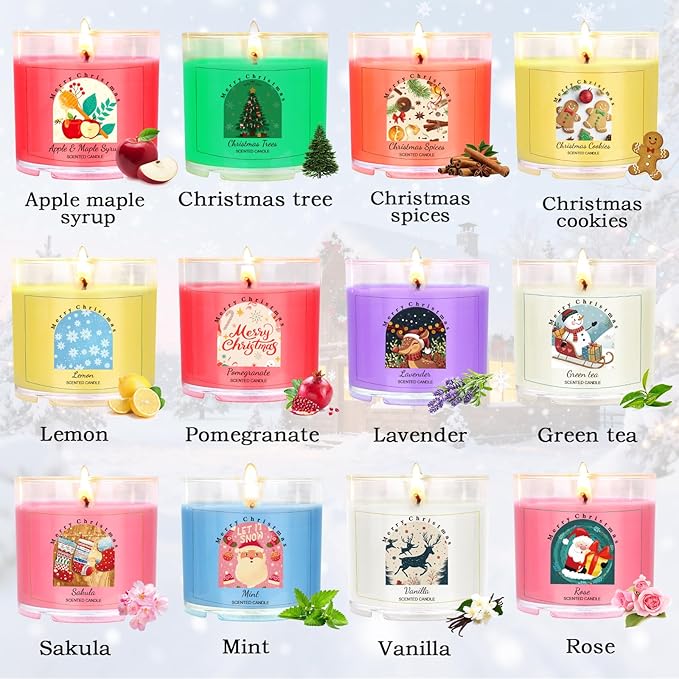 Christmas Candles for Women 12 Pack Candles for Home Scented Winter Holiday 240Hours Small Natural Soy Wax Candle Bulk Mini Candle Gift Set for Men Women Holiday Christmas New Year Winter Décor - Bloomnest