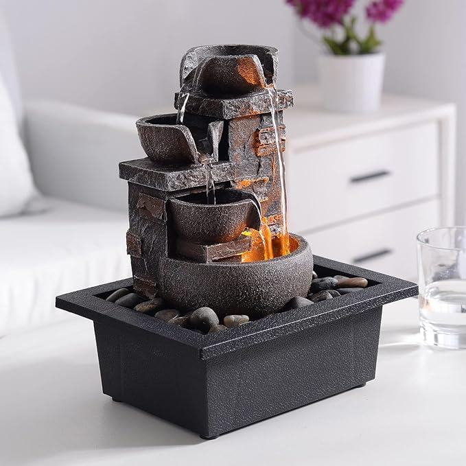 Kalona Décor Desktop Fountain - 10" 4-Tier Design with Imitation Stone, Indoor Waterfall Tabletop River Rocks & Resin Material for Serene Meditation & Relaxation - Ideal for Home & Office Decor - Bloomnest