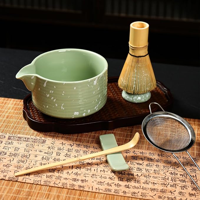 Matcha Bowl and Whisk Set, Ceramic Matcha Set Includes Matcha Bowl with Spout, Whisk & Holder, Bamboo Scoop, Stainless Sifter, Towel, Matcha Kit Making Tools,Light Green,7 PCS - Bloomnest