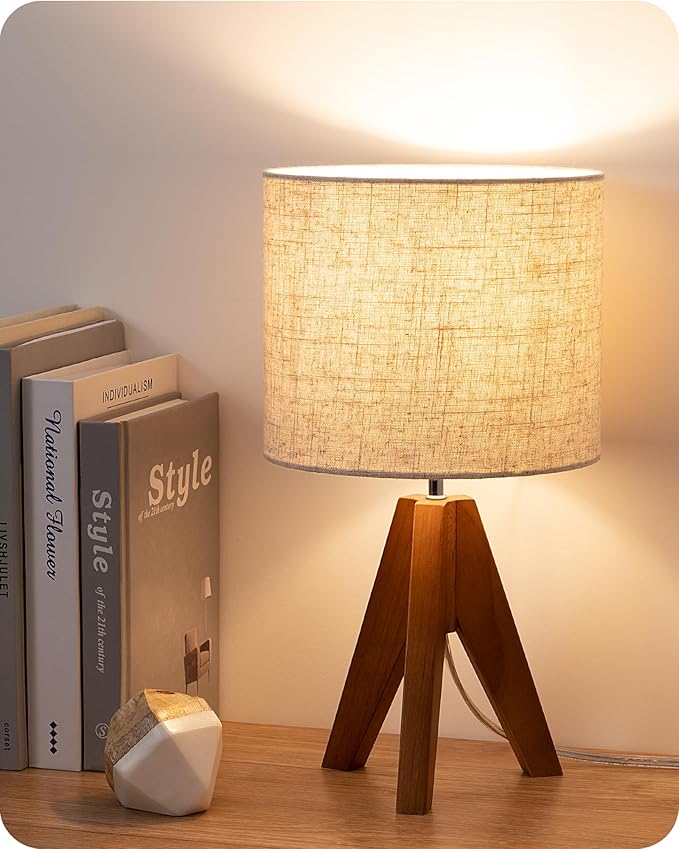 EDISHINE Tripod Table Lamp, Small Cute Bedside Lamp with Linen Beige Lampshade, Nightstand Lamp for Nursery, Bedroom, Kid Room, Living Room, Light Brown Wooden Base, E26 Socket, 14.2 Inch - Bloomnest