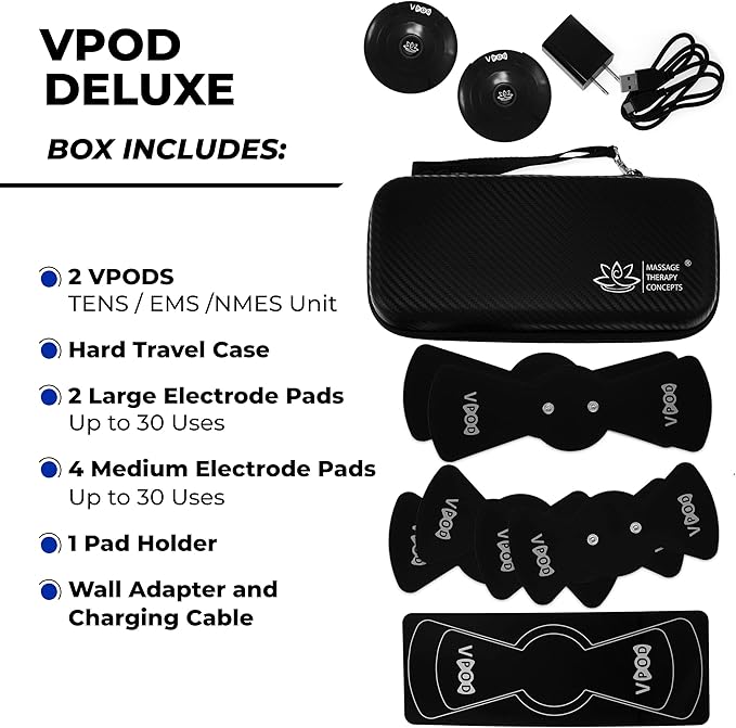 VPOD Deluxe Wireless TENS Unit Muscle Stimulator with Smartphone App Control - Bluetooth Enabled for Pain Relief Therapy - Rechargeable Portable Device for Back and Neck Pain MassageTherapyConcepts