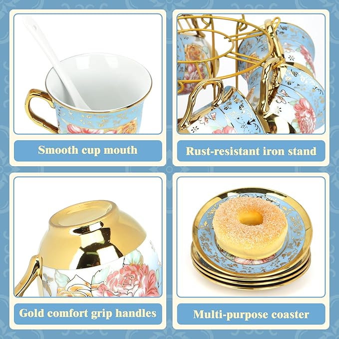 20 Pcs Porcelain Tea Set with Metal Holder, Adult Tea Set Gift, European Ceramic Tea Set for Adults, Flower Tea Cup Saucer Set for Party With Gold Flower Painting (Serene Blue) - Bloomnest