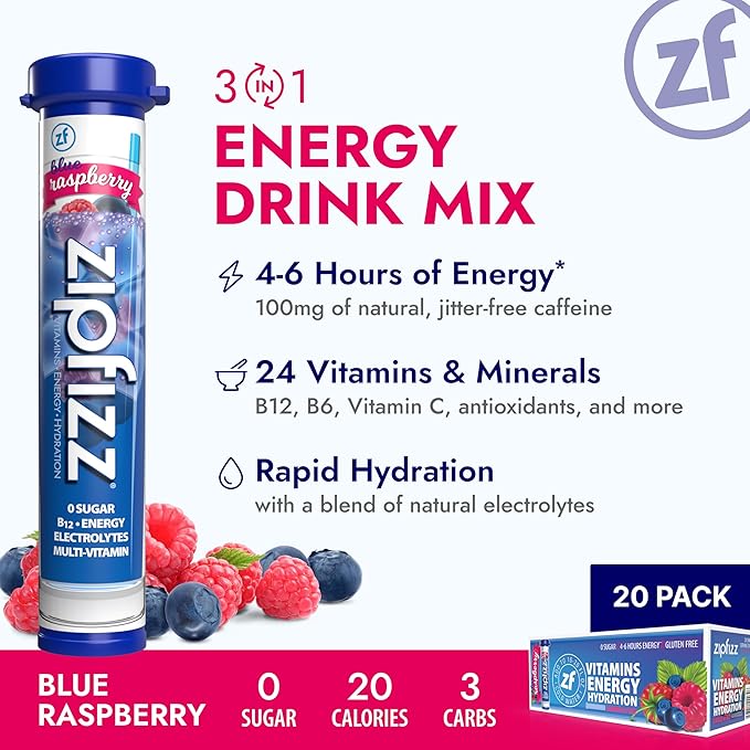 Zipfizz Daily Energy Drink Powder, Blue Raspberry, 20 Pack | 3-in-1 Sustained Energy, Rapid Hydration, and Essential Vitamins | Sugar-Free | Electrolyte Powder | Contains Vitamin B-12 & Antioxidants - Bloomnest