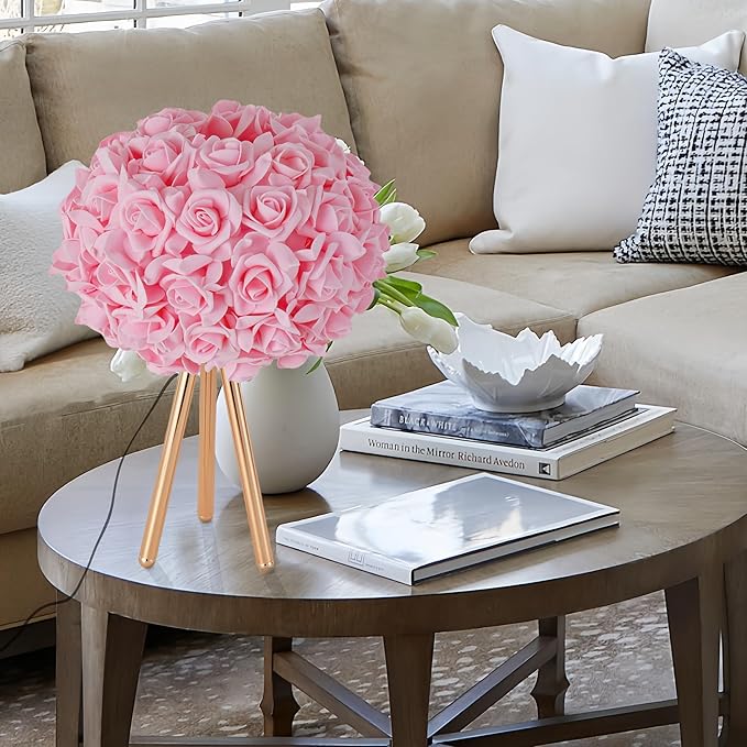 Pink Rose Flower Lamp Cute Table Lamp Flower Desk Lamp Floral Bedside Nighstand Light Atmosphere Girls Princess Lamp with Gold Tripod for Bedroom Wedding Christmas Gift Hotel Living Room - Bloomnest