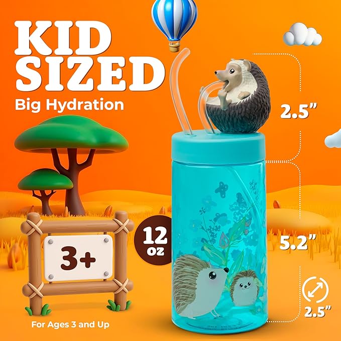 Kids Water Bottle, Toddler Cups, Tumbler with Lid and Straw, Travel Sippy Cup for Water or Milk, Kids Cups with Lids for Toddlers 3 and Up, BPA Free Plastic, 12 oz (Trend Zoo Hedgehog) - Bloomnest