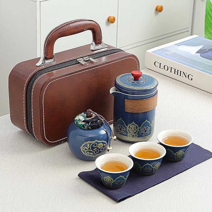 Ceramic Portable Travel Tea Set, Best Gift for Season of Graduation, Mother'S Day, Father'S Day, Christmas, Halloween, Birthday and Other Festivals (Travel Blue) - Bloomnest