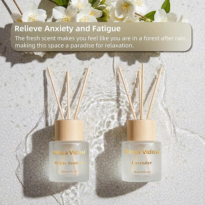 Reed Diffuser Set, Binca Vidou Lavender & White Jasmine Natural Scent Oil Diffusers with Sticks for Home Office Bathroom Aromatherapy Decor 1.69oz x 2 - Bloomnest