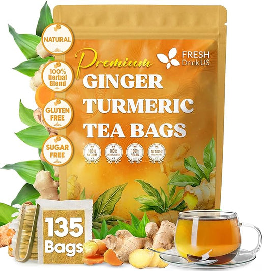 FreshDrinkUS, Premium 135 Turmeric Ginger Tea Bags, 100% Natural Ingredients, Hand-made Blend of Turmeric and Ginger Herbal Tea, Eco-conscious Tea Bags. No Sugar, No Caffeine, No Gluten, Vegan. - Bloomnest