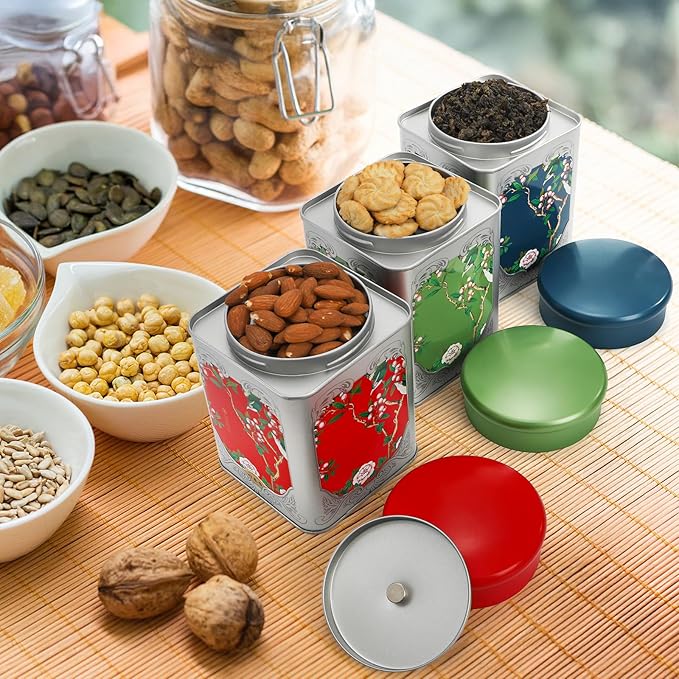 3 Pack Airtight Tea Tin Canister, 38 OZ Tinplate Empty Loose Tea Box, Chinese Style Jar with Double Lids, Matcha Tin Containers, Vintage Square Coffee Canisters for Candy Nut Spice Kitchen