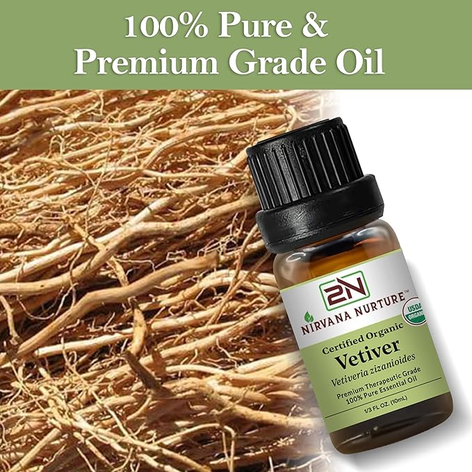 Vetiver Essential Oil, USDA Certified Organic, 100% Pure Undiluted, Aromatherapy Oil for Diffuser, Hair & Skin Care NirvanaNurture