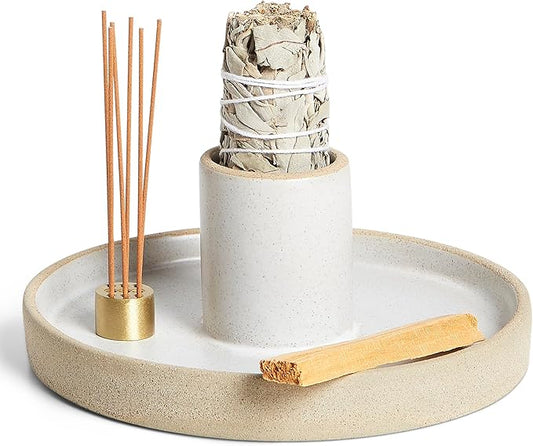 Ceramic Sage Holder for Burning 3 in 1 - Sage Smudge Kit - Incense Holder for Sticks - Palo Santo Holder - White Sage Burner - Altar Supplies Decor - White Sage, Palo Santo, Incense Sticks Included Amarcado