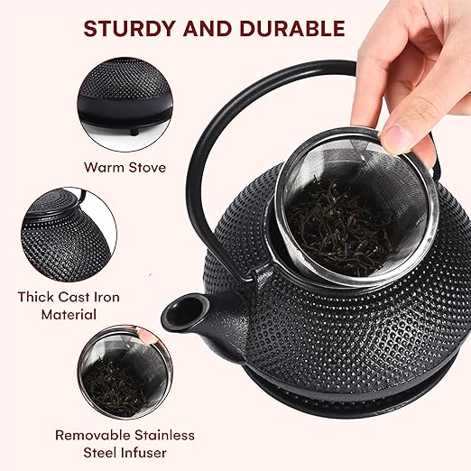 Kitchtic Japanese Coated Cast Iron Teapot Set of 4 - Kettle with Stainless Steel Infuser - Durable Heat Retention Tea Infusers - Japanese Style Kettles Teapots Tea for Home - for Green Tea, Loose Leaf - Bloomnest