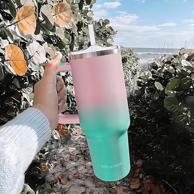 Stainless Steel 40 oz Tumbler with Handle, Insulated Travel Mug, Leak-Proof Lid, Vacuum Cup for Men & Women - Bubble Gum - Bloomnest