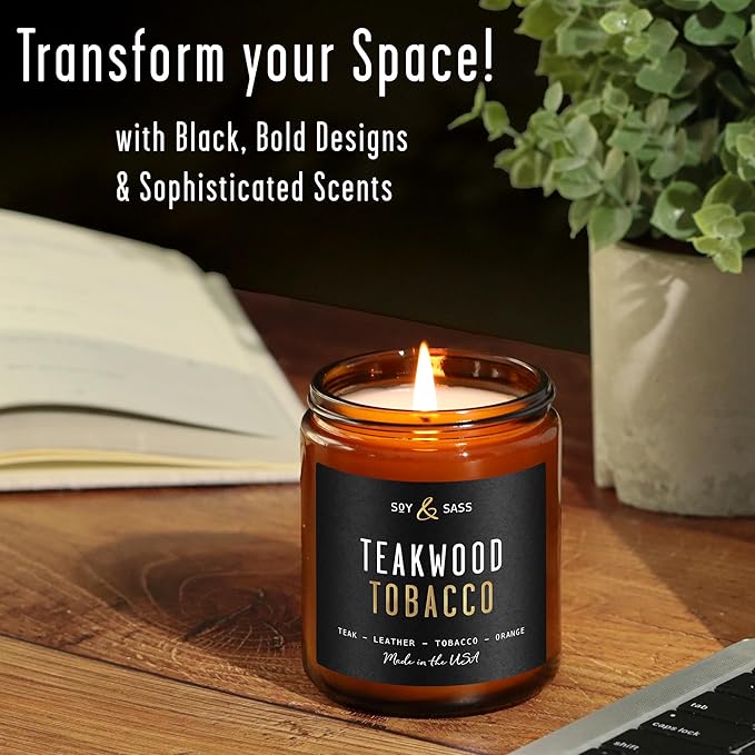 Teakwood & Tobacco Candle I Scented Black Candles for Men or Women - Teakwood, Tobacco & Orange Soy Wax Mens Candle - Infused w/Essential Oils | Long-Lasting 50Hr Burn, 9oz I Non Toxic I Made in USA - Bloomnest