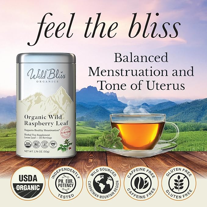 Wild Bliss Organic Red Raspberry Leaf Tea Pregnancy and Menstrual Support - Loose Leaf Herbal Tea - 1.76 Oz - 25 Servings - Bloomnest