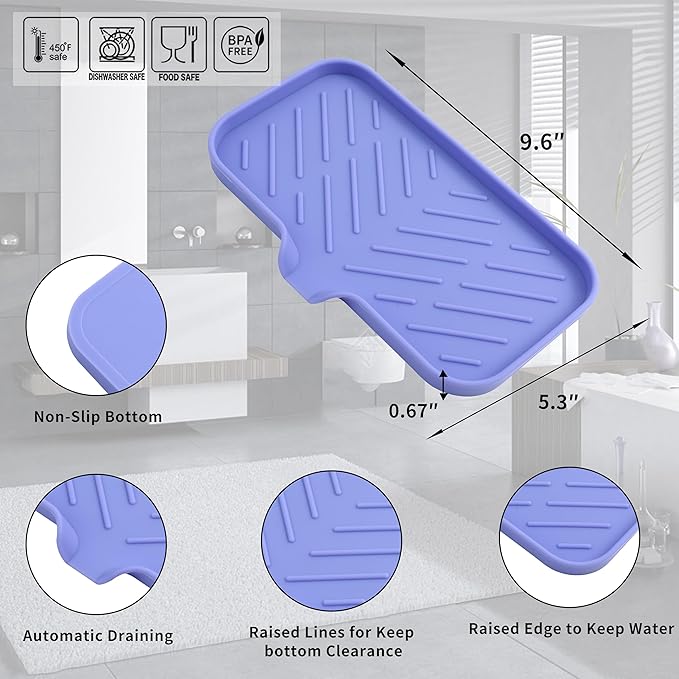 Silicone Bathroom Soap Dishes with Drain Spout-Bathroom and Kitchen Sink Organizer,Sponge Holder,Dish Soap Tray,Perfect for Dispenser,Scrubber,Bottle on Sink or Counter-Light Purple 9.6"×5.3" - Bloomnest