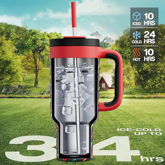 POWCAN 40 oz Tumbler with Handle, 2-in-1 Straw and Sip Lid, Leakproof, Dishwasher Safe, Insulated Stainless Steel Travel Coffee Mug, Keeps Cold for 34 Hours, Fits in Car Cup Holder (Rainbow Whiskers) - Bloomnest
