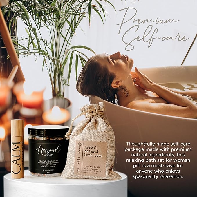 SOULISTIC ROOT Revitalizing Bath Gift - Premium Self-Care Bath & Body Set with Lavender Oatmeal Soak, Tranquil Essential Oil Roller, Epsom Salt Soak, Home Spa Kit, Valentine's Day Ready-to-Gift Box - Bloomnest