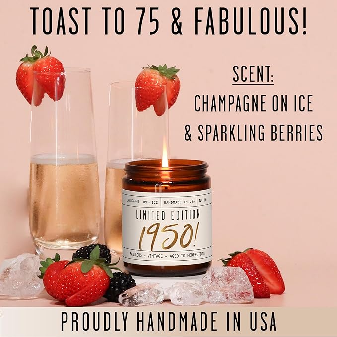 75th Birthday Gifts for Girls - 'Limited Edition 1950' Soy Candle, w/Champagne on Ice I 75 Birthday Gifts for Women I 75th Gift for Her Ideas I 9oz Reusable Jar, 50Hr Burn, Made in USA - Bloomnest