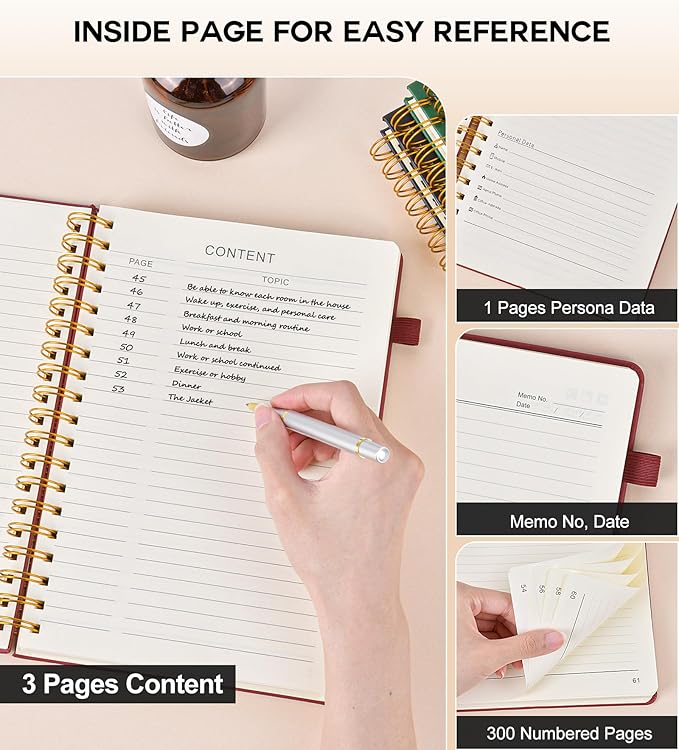 Spiral Notebook Journal for Women Men, 300 Numbered Lined Pages, College Ruled, A5 Hardcover Spiral Bound Notebook for School, Work, Note Taking Writing, Leather Spiral Journal Medium 5.9"x8.5" - Bloomnest