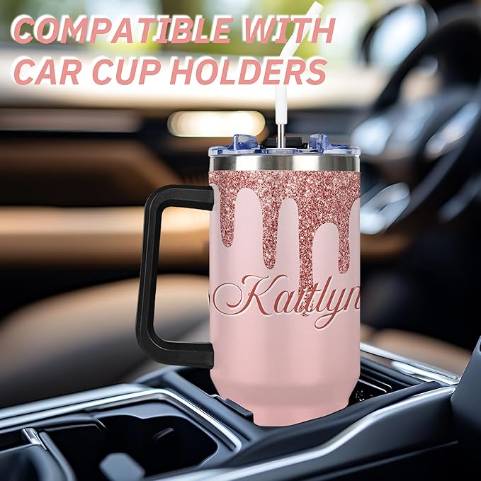 Personalized Glitter Tumbler with Handle and Straw Lid, Custom 40 Oz Cup with Name for Women, Customized Stainless Steel Travel Coffee Tumbler, Personalized Gifts for Birthday Christmas Anniversary - Bloomnest