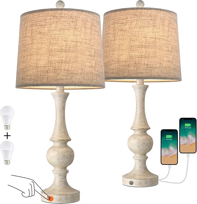 Oneach 24.5 inches 3 - Way Dimmable Touch USB Farmhouse Table Lamps Set of 2 for Living Room Bedroom Rustic Bedside Nightstand Lamp with USB Ports 2 Bulbs Included - Bloomnest