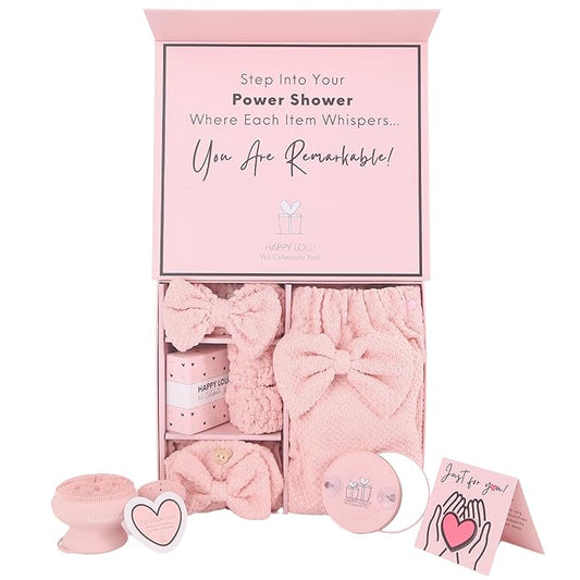Happy Lolli Power Shower Gift Set – College Essential Bath Accessories for Women and Teen Girls – Includes Body Towel, Hair Towel, Wrist Bands, Headband, Face Sponge and More (Fresh in Pink)