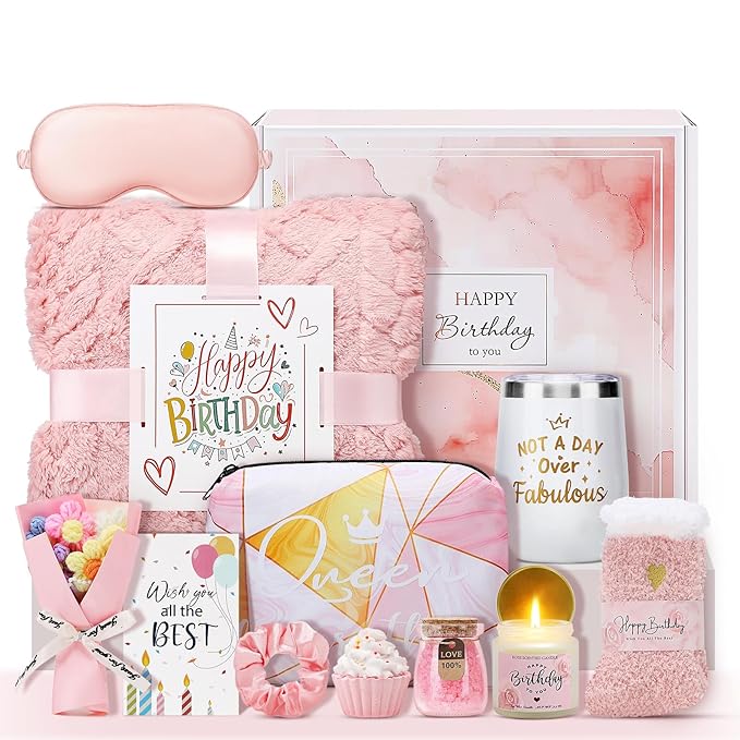 Birthday Gifts for Women, 13PCS Unique Happy Birthday Gifts Basket for Mom Her Best Friend Sister Wife Girlfriend Coworker Bestie, Luxury Self Care Box Relaxing Spa Gifts Set (Rose) - Bloomnest
