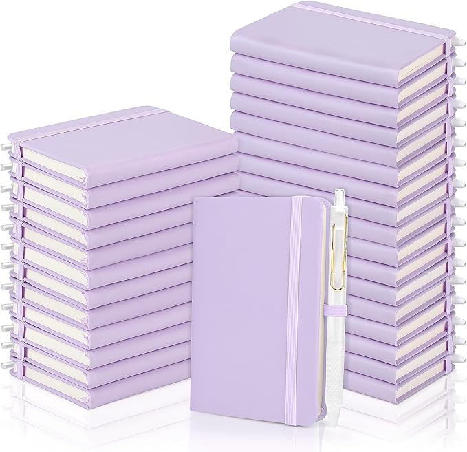 Aodaer 50 Sets Pocket Notebook Journal with Pens, 160 Pages, 3.5 x 5.5 Inch Mini Lined Journal Notebook A6 Leather Hardcover College Ruled Notepad with Pen Holder for School Office Gifts, Lavender - Bloomnest