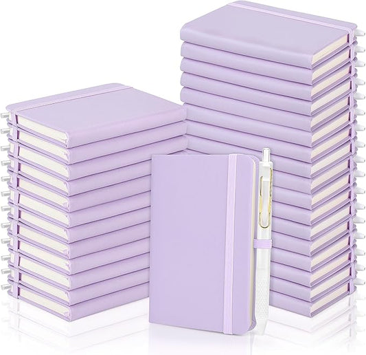 Aodaer 50 Sets Pocket Notebook Journal with Pens, 160 Pages, 3.5 x 5.5 Inch Mini Lined Journal Notebook A6 Leather Hardcover College Ruled Notepad with Pen Holder for School Office Gifts, Lavender - Bloomnest