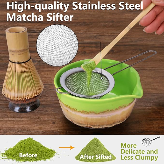 Matcha Whisk Set,Bamboo Chasen Whisk,Green Matcha Bowl with Spout, Chashaku Scoop, Sifter,Matcha Whisk and Holder – 5 PCS Matcha Kit for Matcha Lovers Making Latte Drinks,Gift for Starters Lovers - Bloomnest